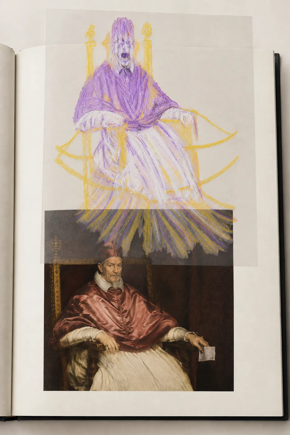 Comparación entre el Retrato del papa Inocencio X (1650), de Diego Velázquez, y una reinterpretación inspirada en la serie de los Papas de Francis Bacon. [Montaje realizado por los autores].
