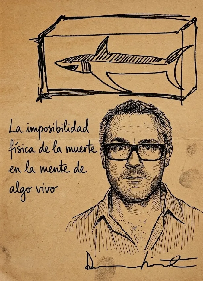 La imposibilidad física de la muerte en la mente de algo vivo. [Ilustración digital] Mariano Gilmore y Luz Arriaga a partir de la obra de Damien Hirst, 2026.